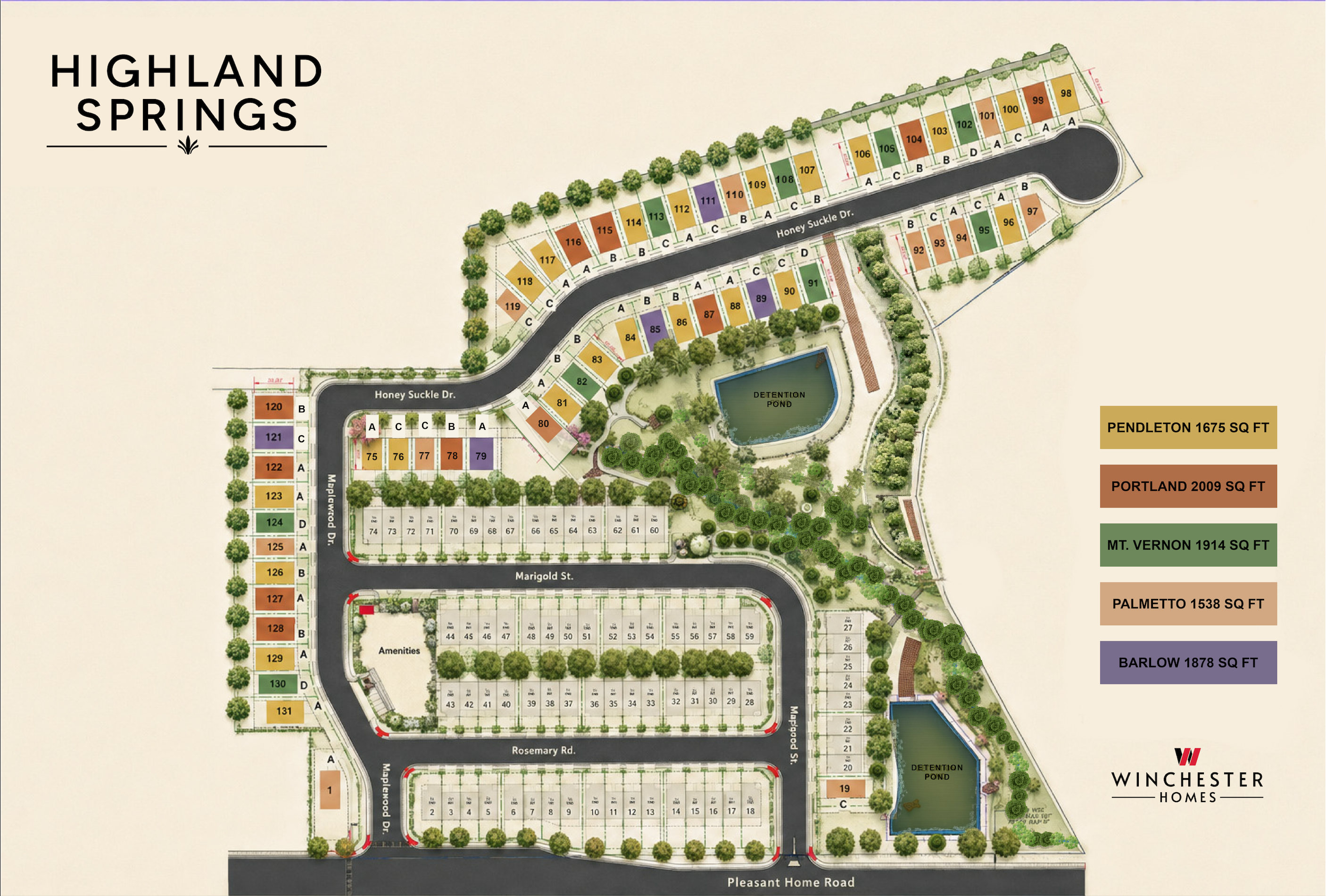Highland Springs community site plan showing homesites along Pleasant Home Road